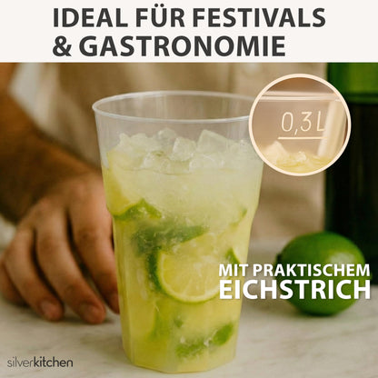 Silverkitchen Mehrweg Cocktailbecher 0,3 L mit Eichstrich, 100er-Set