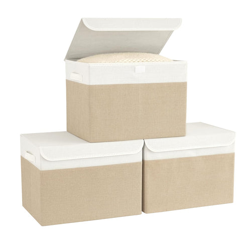 Bagnizer Aufbewahrungsbox mit Deckel, 3er Set, faltbar, Weiss & Beige, Leinen mit vernähten Griffen