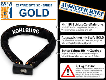 KOHLBURG Massives Zahlenschloss Kettenschloss 110cm Sold Secure GOLD