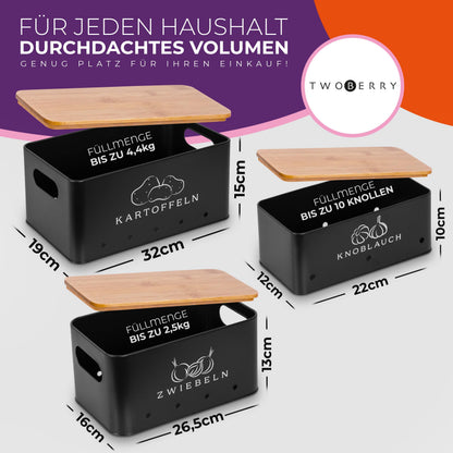 TWOBERRY Kartoffel Aufbewahrungsbox 3er Set mit Sparschäler, Schwarz