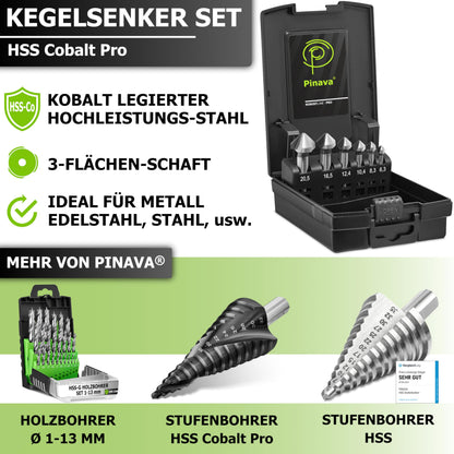 Pinava Kegelsenker Set HSS Cobalt 90° Ø 6.3-20.5 mm, 6-teilig