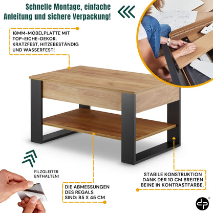 defiPad Couchtisch Höhenverstellbar mit Stauraum – Schwarz/Eiche