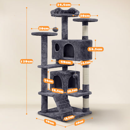 Yaheetech Kratzbaum 139 cm, Kletterturm mit 2 Höhlen, dunkelgrau
