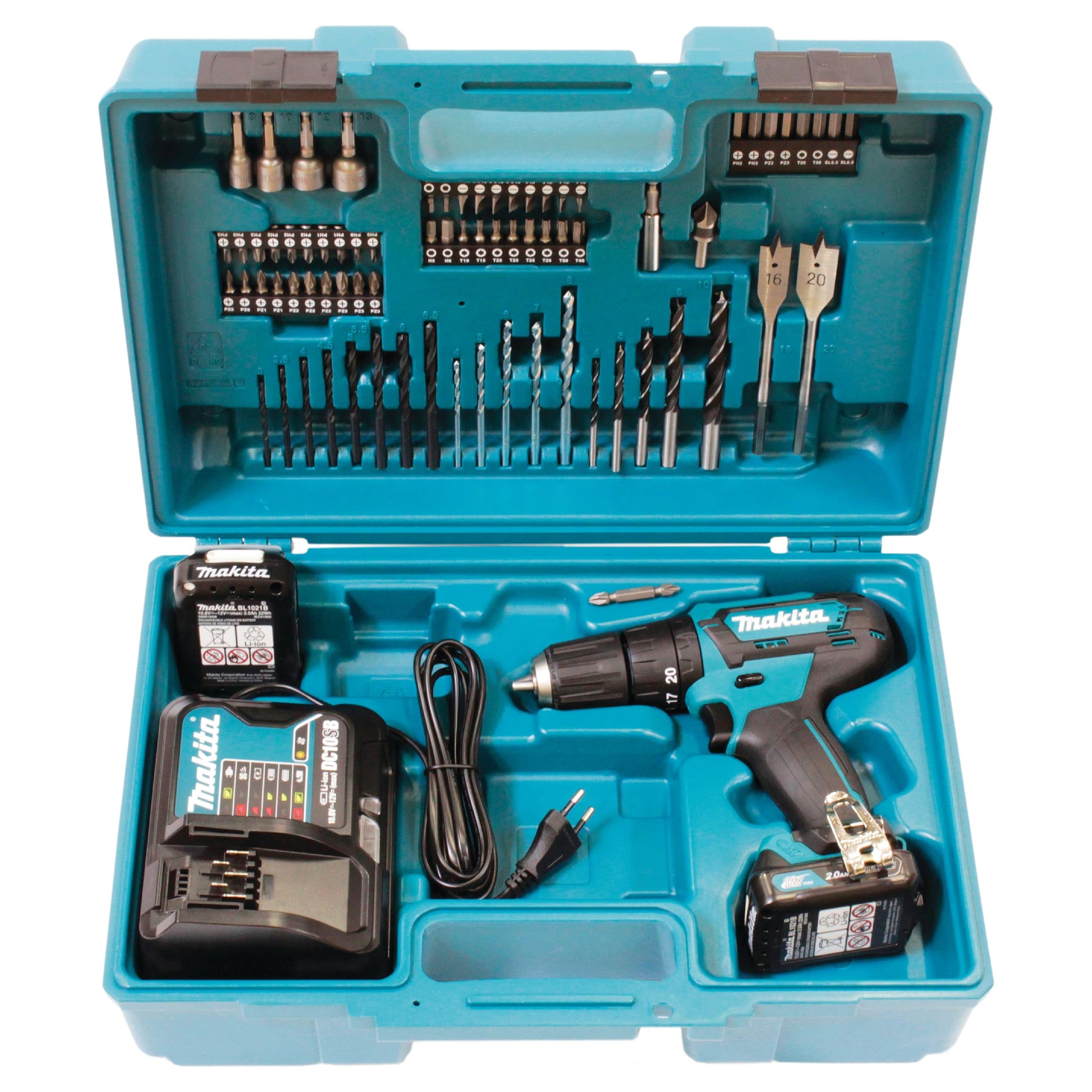 Makita HP333DSAX1 Akku-Schlagbohrschrauber – 12V, 2x 2.0Ah Akkus. Blau-schwarz, zum Bohren & Schrauben in Materialien.