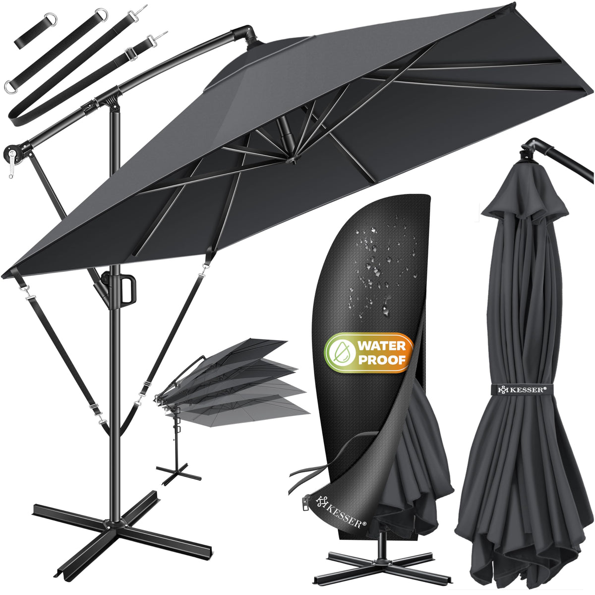 KESSER Sonnenschirm 250x250 cm Kurbelschirm mit UV-Schutz, Anthrazit – Aluminiumgestell und eckige Bespannung