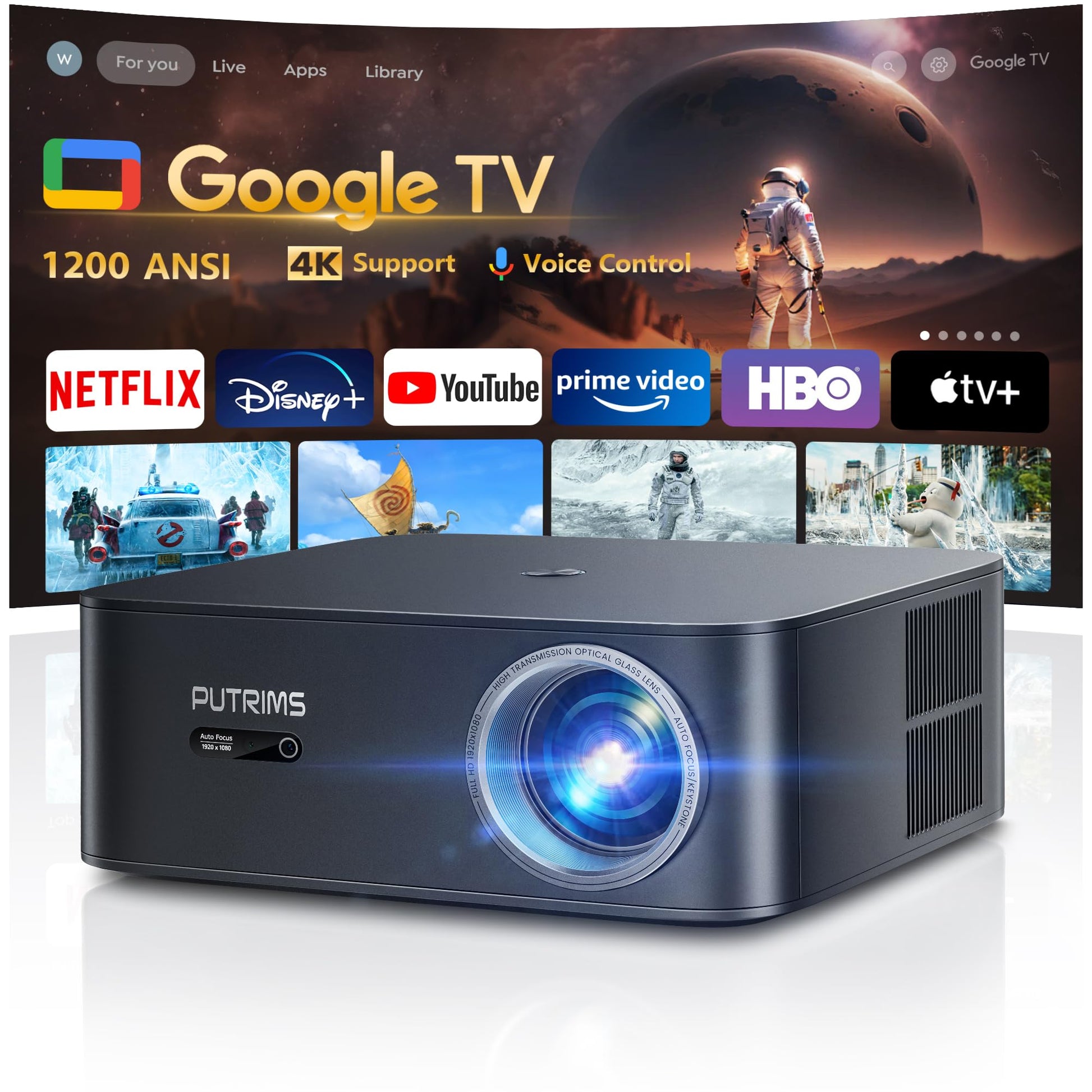 SmartView Smart Beamer 4K Google TV Netflix - 1200 ANSI Lumen. Kompakter 4K-Projektor. Projiziert Filme & Serien mit Google TV/Netflix.