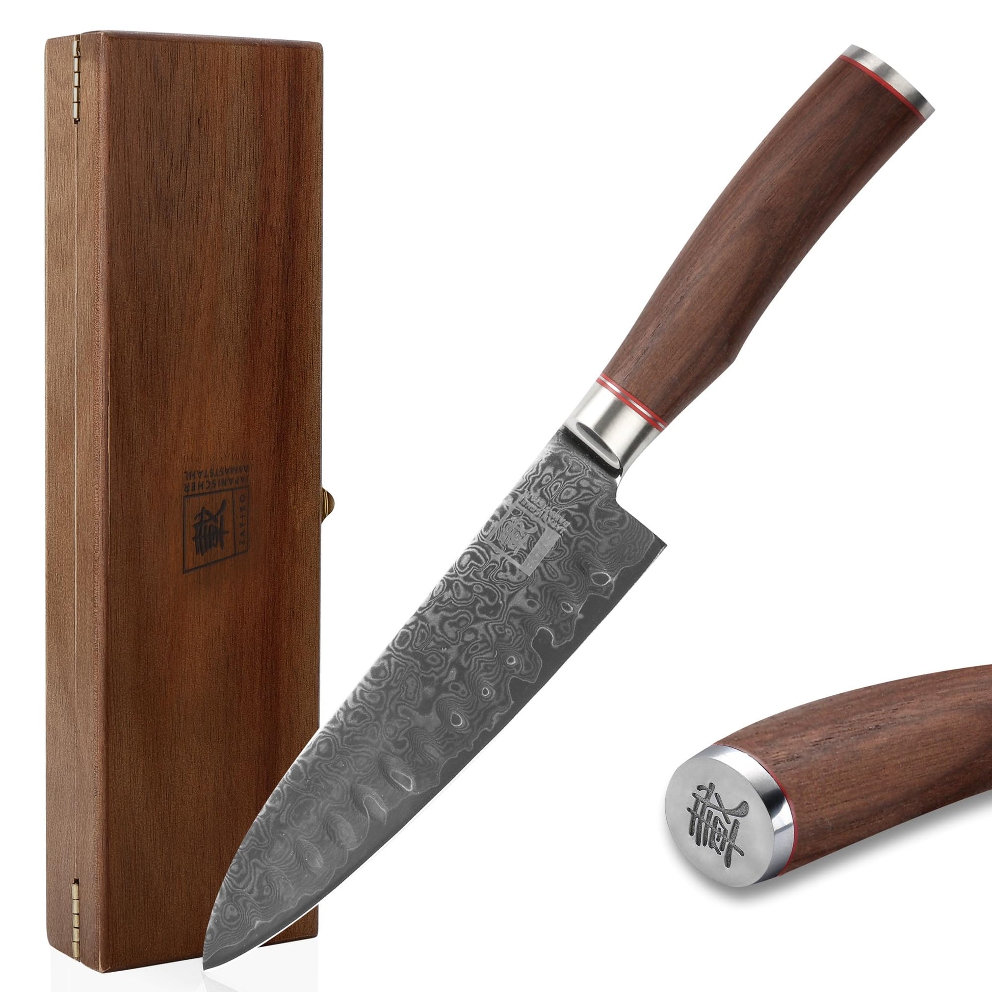 Zayiko Kurumi Premium Damast Santokumesser – 17,5 cm mit gemusterter Damastklinge und dunklem Griff für präzise Schnitte.