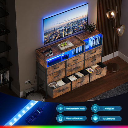 ODK Kommode mit Steckdosen, USB & LED – 9 Stoffschubladen