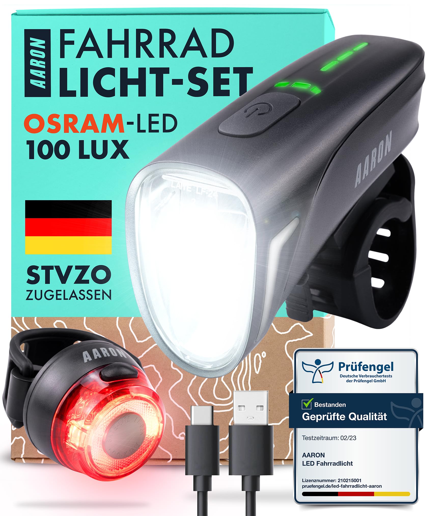 AARON LED Fahrradlicht Set 100 Lux, StVZO, USB aufladbar, Front- und Rücklicht mit Gummibandhalterung