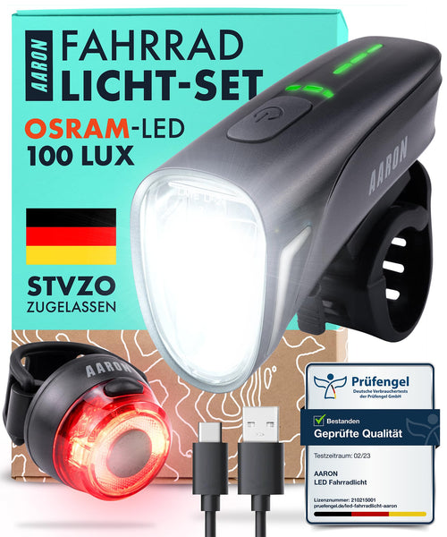 AARON LED Fahrradlicht Set 100 Lux, StVZO, USB aufladbar, Front- und Rücklicht mit Gummibandhalterung