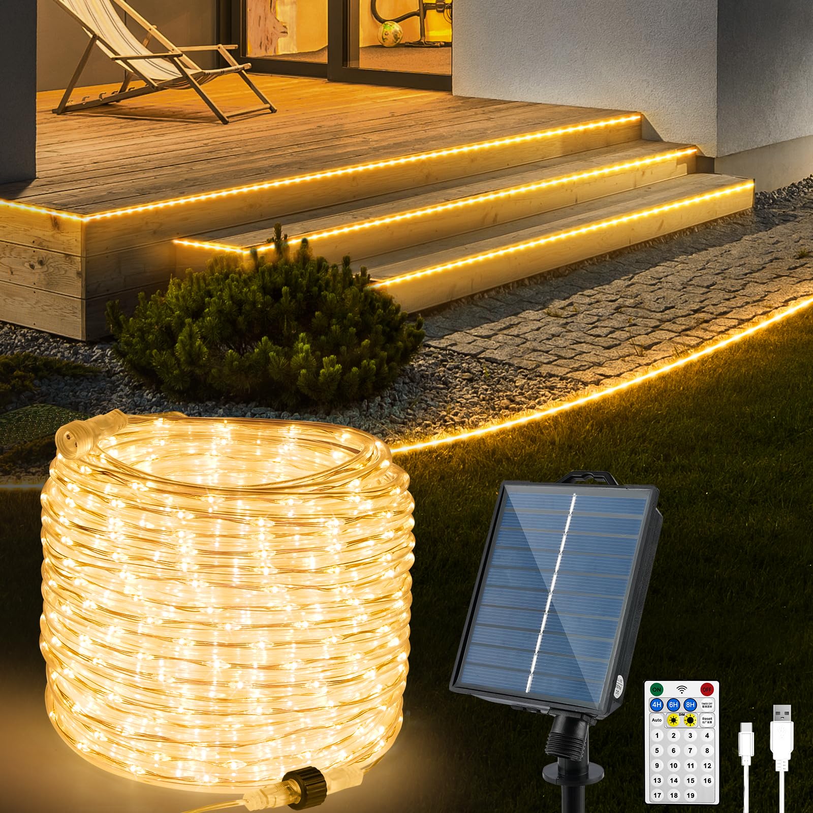 StarryEver Solar LED Lichtschlauch aussen, 15 m, 600 LEDs warmweiss – transparenter PVC-Schlauch für Garten und Balkon