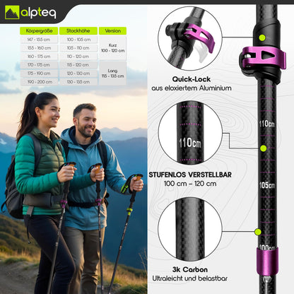 Alpteq Wanderstöcke faltbar Carbon Korkgriff Hot Pink 100-120cm