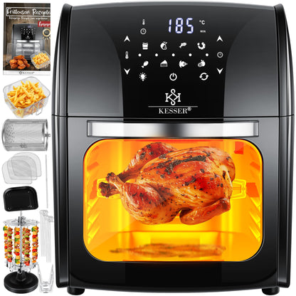 KESSER® XXL Airfryer 9in1 Heissluftfritteuse mit Drehgrill Schwarz. Schwarz, quaderförmig. Frittiert und grillt Speisen mit Heissluft.
