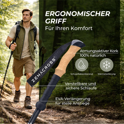 Zenacross Wanderstöcke Teleskop mit Korkgriff, 65-135 cm verstellbar