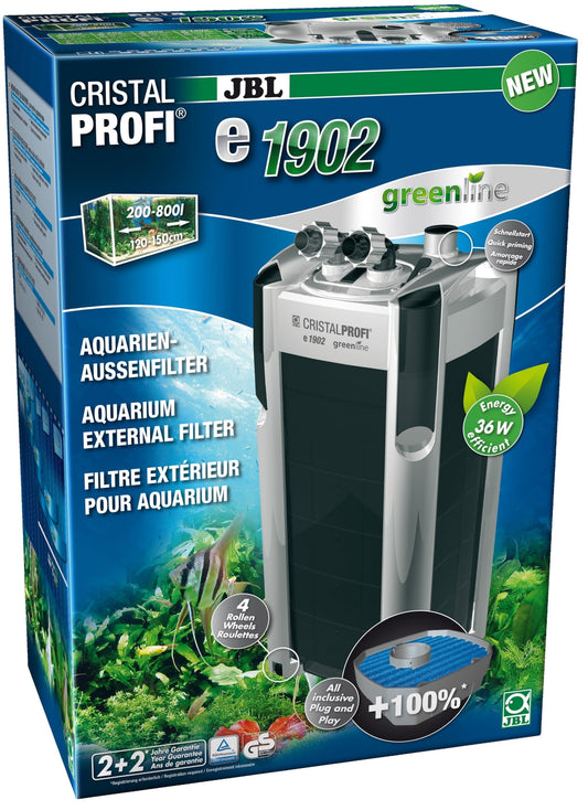 JBL CristalProfi e1902 greenline Aussenfilter. Dunkelgrüner Quader, der Aquarienwasser mechanisch und biologisch reinigt.