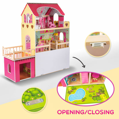 Kinderplay Puppenhaus Holz Villa 3 Etagen – Gross LED 90cm