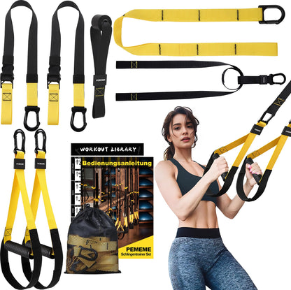 PEMEME Schlingentrainer Set für Ganzkörpertraining mit Türanker, Gelb – gelbe Trainingsgurte aus Nylon mit Griffen