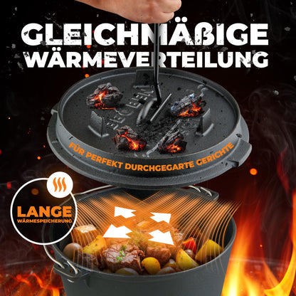 BBQ BEN Dutch Oven Set 9 Liter - eingebrannter Gusseisen Feuertopf