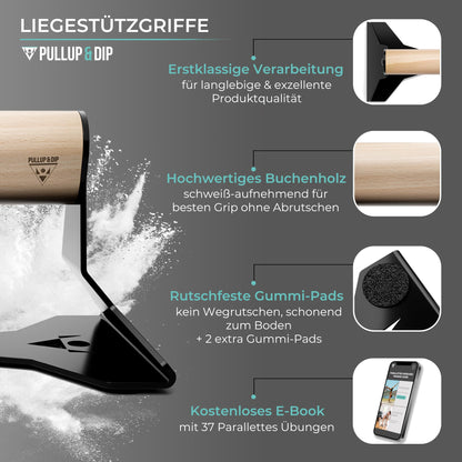 PULLUP & DIP Liegestützgriffe mit Buchenholz-Griff und Stahl