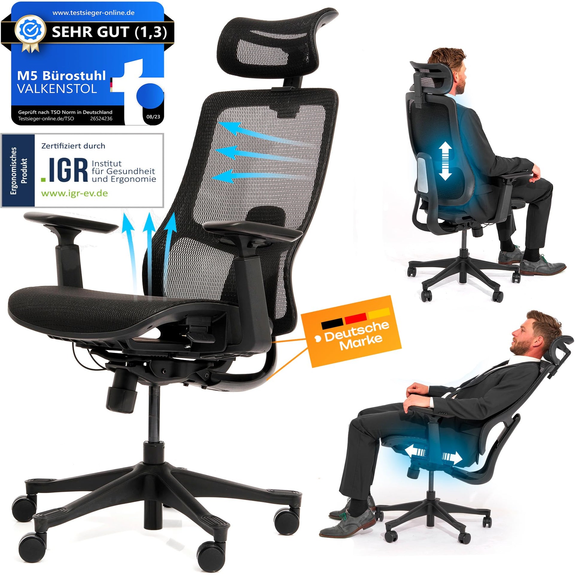 VALKENSTOL M5 Ergonomischer Bürostuhl mit Mesh-Sitz und -Rückenlehne, Armlehnen, Rollfußkreuz. Bietet optimale Unterstützung am Arbeitsplatz.