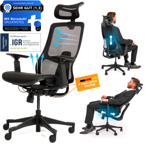VALKENSTOL M5 Ergonomischer Bürostuhl mit Mesh-Sitz und -Rückenlehne, Armlehnen, Rollfußkreuz. Bietet optimale Unterstützung am Arbeitsplatz.