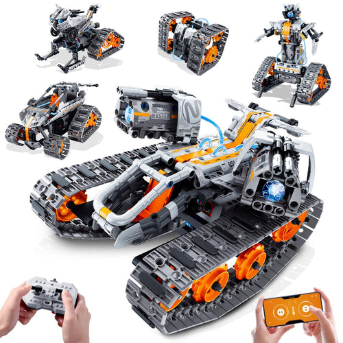 HiWEEGO Technik Roboter Bausatz 5-in-1 mit LED-Beleuchtung und Kettenantrieb