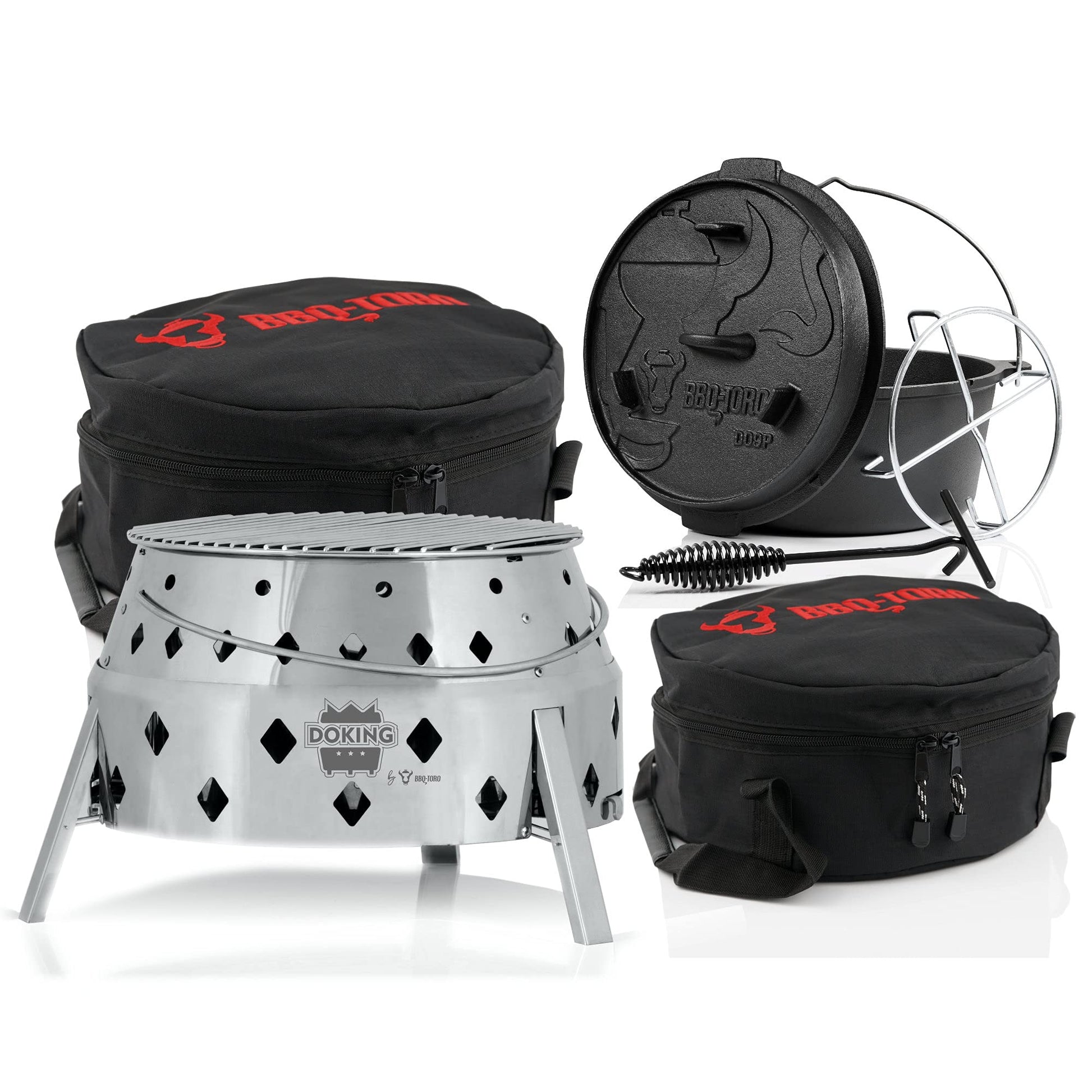 BBQ-Toro DOKING 6-teiliges Dutch Oven Set mit Faltgrill. Schwarzes Gusseisen-Set für Kochen, Backen, Braten am Lagerfeuer.