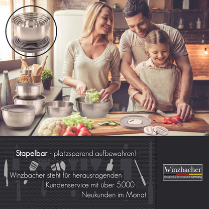 Winzbacher Edelstahl Schüssel Set mit Deckel, 5-teilig, inkl. Reibe