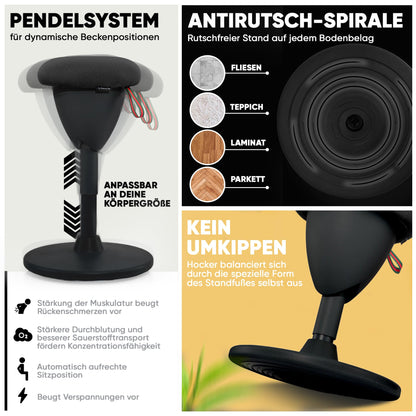 SteinLife Cone Bürohocker Ergonomisch [TESTSIEGER] Sitzhocker Höhenverstellbar [48-68cm] Ergonomischer Hocker für Büro [Schwingeffekt] Wackelhocker Stehhocker | Arbeitshocker rutschfest