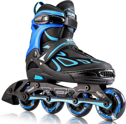 2PM SPORTS Inliner Kinder verstellbar, Inline Skates Blau Grösse M, mit Aluminiumrahmen und Leuchträdern