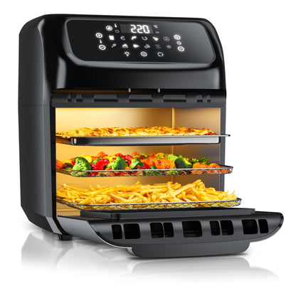 Arendo 4-in-1 Heissluftfritteuse 12L – LED Touchscreen. Schwarzes Gerät für Heissluftfrittieren, Braten, Backen, Dörren.