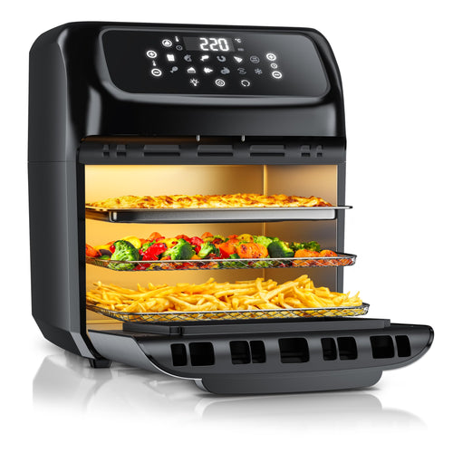 Arendo 4-in-1 Heissluftfritteuse 12L – LED Touchscreen. Schwarzes Gerät für Heissluftfrittieren, Braten, Backen, Dörren.