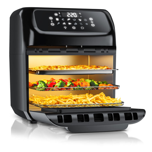 Arendo 4-in-1 Heissluftfritteuse 12L – LED Touchscreen. Schwarzes Gerät für Heissluftfrittieren, Braten, Backen, Dörren.