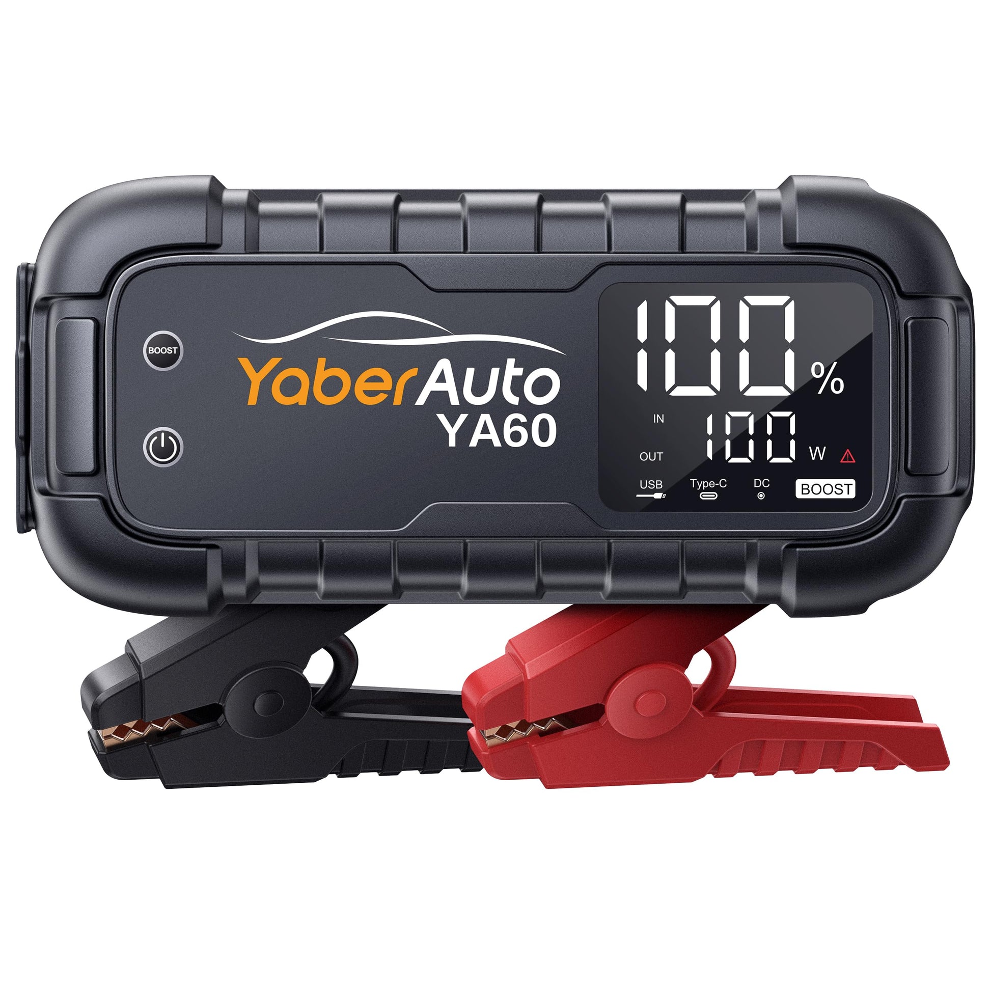 YaberAuto Starthilfegerät 6000A – Powerbank 65W PD: Schwarz, rechteckig. Bietet Starthilfe für KFZ und lädt mobile Geräte via PD.