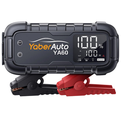 YaberAuto Starthilfegerät 6000A – Powerbank 65W PD: Schwarz, rechteckig. Bietet Starthilfe für KFZ und lädt mobile Geräte via PD.