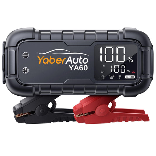 YaberAuto Starthilfegerät 6000A – Powerbank 65W PD: Schwarz, rechteckig. Bietet Starthilfe für KFZ und lädt mobile Geräte via PD.