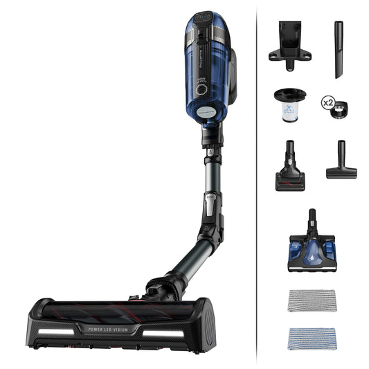 Rowenta RH98C8 X-Force Flex 12.60 Akku-Stabstaubsauger, blau-schwarz, reinigt kabellos Hartböden und Teppiche.