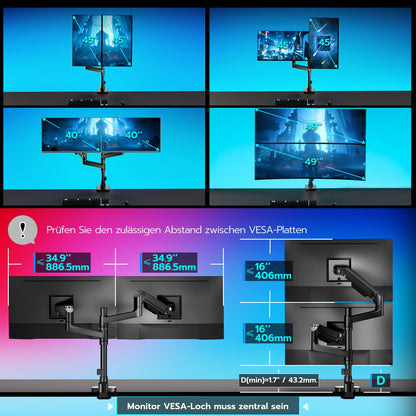 ARES WING Bildschirmhalterung 2 Monitore Gasfeder - 17-49 Zoll