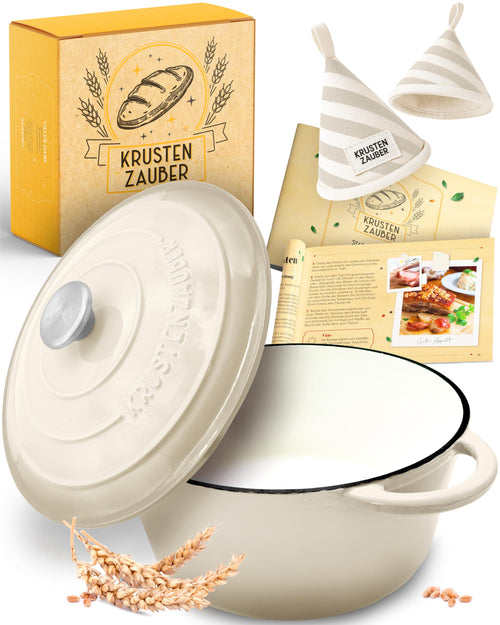 KRUSTENZAUBER Gusseisen Topf als Schmortopf mit Deckel - 26cm Emaille Topf als Gusseisen Bräter oder Brotbacktopf - Backofengeeigneter Dutch oven Cast Iron Pot als hochwertiger Kochtopf inkl. Rezepte