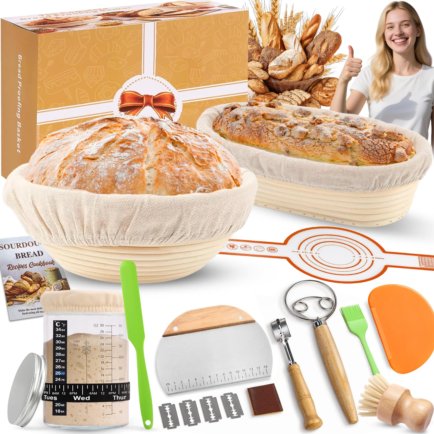 RIZENCE Sauerteig Starter Set mit Gärkörbchen, Brotbackzubehör