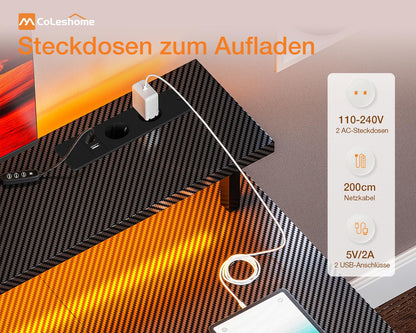 Coleshome Gaming Schreibtisch LED 120x50cm – Schwarz, Steckdosen, Monitorständer