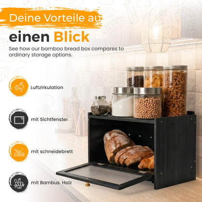 AH Bambus Brotkasten mit Schneidebrett, schwarz, 40 x 26 x 23 cm