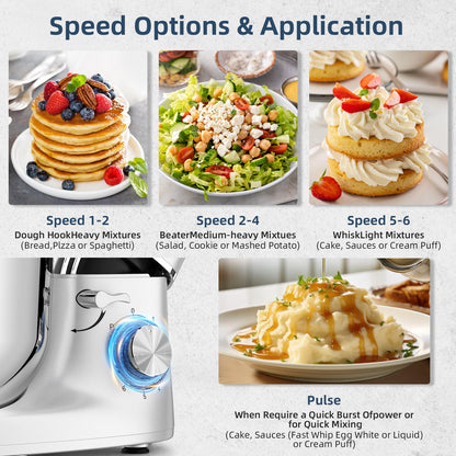 CHeflee Küchenmaschine Teigmaschine 2000W Knetmaschine,Mit 6.2L EdelstahlschüSsel,6 Geschwindigkeit Reduzierte GeräUsche,Mit RüHrbesen,RüHrhaken,SpritzwassergeschüTzter Knetmaschine Mit Knethaken