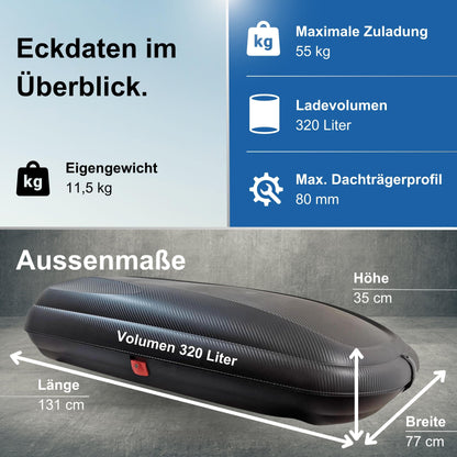 VDP BA320 Dachkoffer 320 Liter Volumen für Autos - Carbon Optik