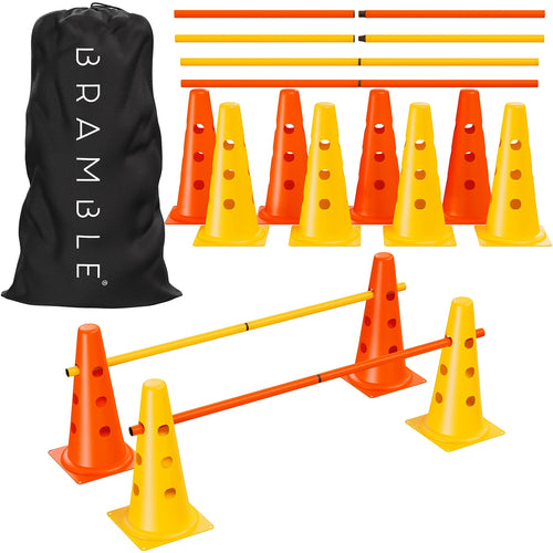 Bramble Steckhürdenset 18-teilig, Koordinationstraining mit Tasche, orange und gelbe Kegel und Stangen