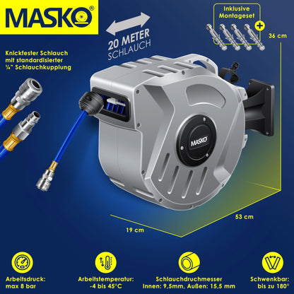MASKO® Automatik Druckluftschlauch Aufroller 20m - Schlauchtrommel
