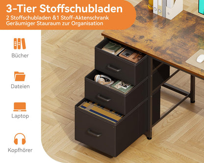 Coleshome Schreibtisch 130x48cm - Braun, Stoffschubladen, Steckdosen