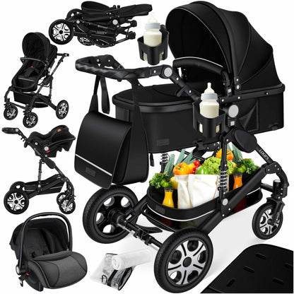 KESSER Loops 4-in-1 Kombikinderwagen mit Babyschale, Schwarz – Babywanne, Sportsitz und Voll-Gummireifen