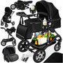 KESSER Loops 4-in-1 Kombikinderwagen mit Babyschale, Schwarz – Babywanne, Sportsitz und Voll-Gummireifen