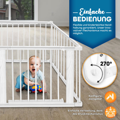 KIDUKU® 7,2 Meter Baby Laufgitter XXL klappbar inkl. Tür | Laufstall mit doppelter Sicherung | Absperrgitter für Kinder inkl. 8 Elementen | Krabbelgitter individuell formbar